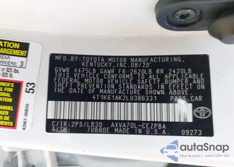 2020 Toyota Camry Xse z USA, uszkodzony, nr VIN 4T1K61AK2LU386331
